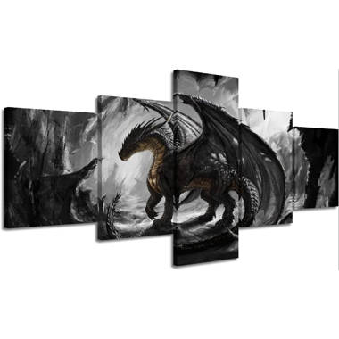 IDEA4WALL War With The Dragon On Castle On Canvas 3 Pieces Print